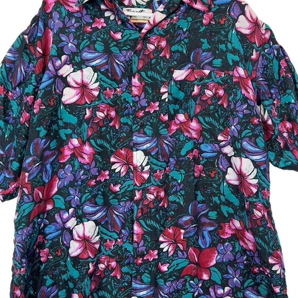 🌺100% Silk large Vintage bright floral tropical Hawaiian button down Miami vice - Picture 7 of 13
